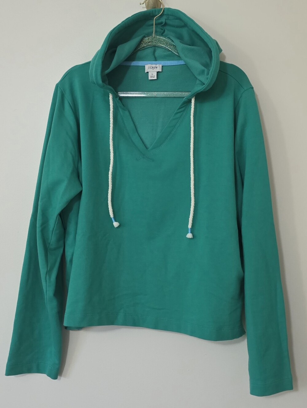 J. Crew V-neck Hooded Sweatshirt Preppy Loungewear Nautical Emerald Green Large